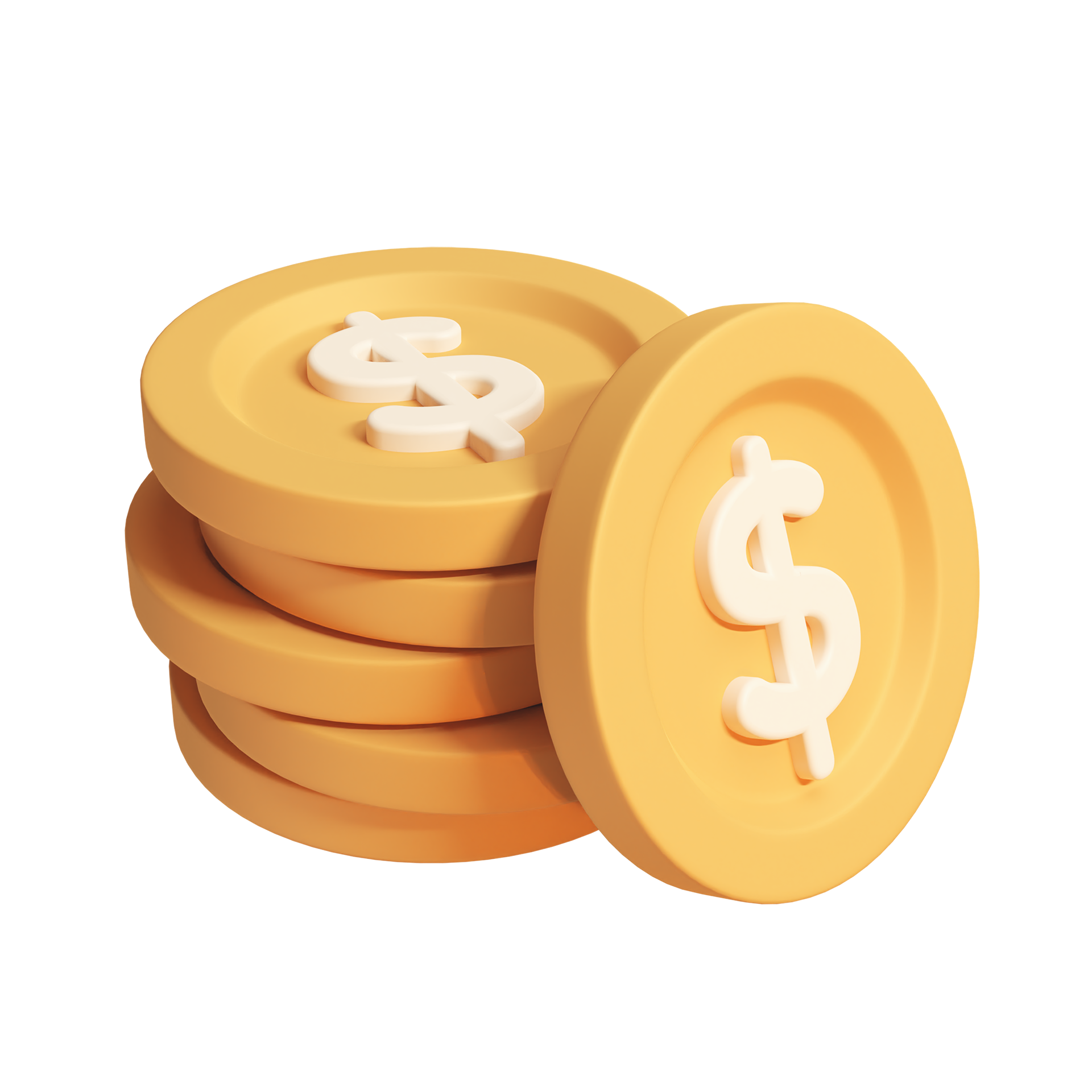 Stack of plastic gold coins with white dollar symbol on top